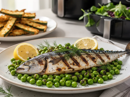 Ein appetitliches Low-Carb-Sommergericht mit gegrillter Makrele, gerösteten Erbsen, Zitrone und frischen Kräutern auf einem Teller. - Foto: über boerse-global.de