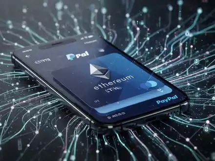 Ein Smartphone mit einer digitalen Geldbörse, die Ethereum anzeigt, und einem integrierten PayPal-Logo vor einem Blockchain-Hintergrund. - Foto: über boerse-global.de