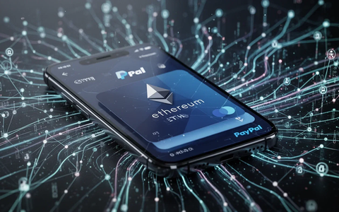 Ein Smartphone mit einer digitalen Geldbörse, die Ethereum anzeigt, und einem integrierten PayPal-Logo vor einem Blockchain-Hintergrund. - Foto: über boerse-global.de
