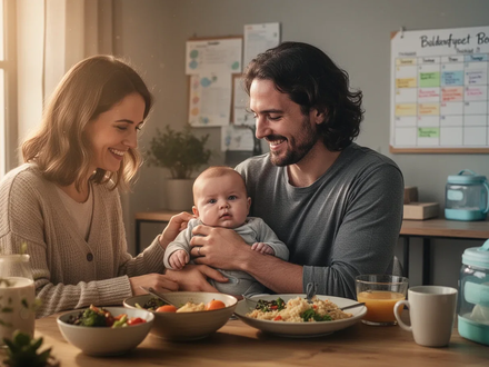 Eine junge Familie mit Baby in einem gemütlichen Zuhause, die Eltern wirken glücklich, aber leicht müde. Fokus auf finanzielle Planung. - Foto: über boerse-global.de