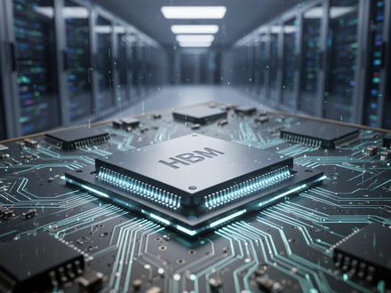 Close-up of glowing high-bandwidth memory (HBM) chips on a circuit board, with a blurred data center in the background. - Foto: über boerse-global.de