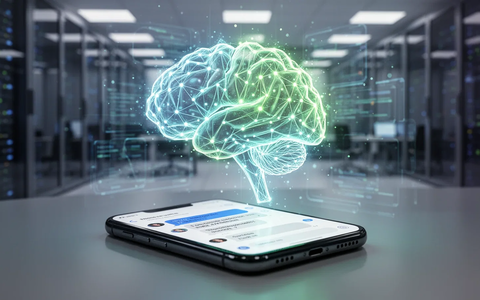 A glowing AI brain symbol superimposed over a smartphone screen displaying a business chat interface, with a blurred modern office in the background. - Foto: über boerse-global.de