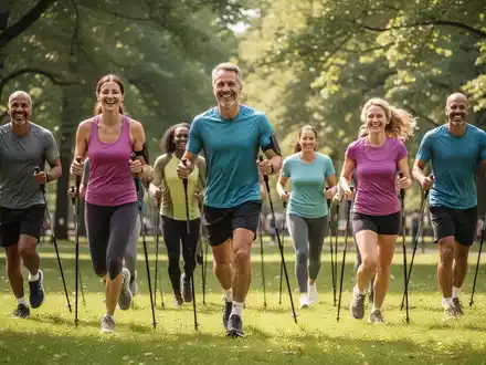 Eine Gruppe fröhlicher Menschen beim Nordic Walking in einem sonnigen Park in Düsseldorf, mit Stöcken und Sportkleidung. - Foto: über boerse-global.de