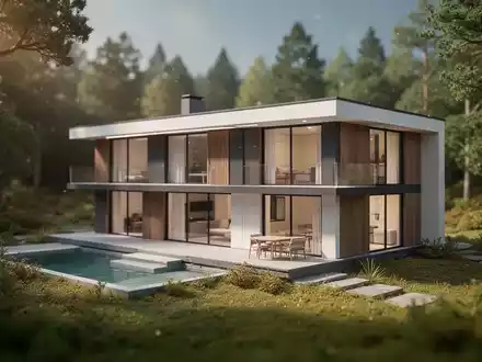 Ein modernes Mikrohaus mit klarem Design, umgeben von grüner Landschaft unter stimmungsvoller Beleuchtung. - Foto: über boerse-global.de