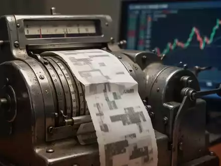 Nahaufnahme einer analogen Börsen-Ticker-Maschine mit Papierband und verschwommenem digitalen Börsenchart im Hintergrund. - Foto: über boerse-global.de