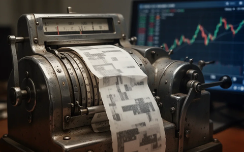 Nahaufnahme einer analogen Börsen-Ticker-Maschine mit Papierband und verschwommenem digitalen Börsenchart im Hintergrund. - Foto: über boerse-global.de