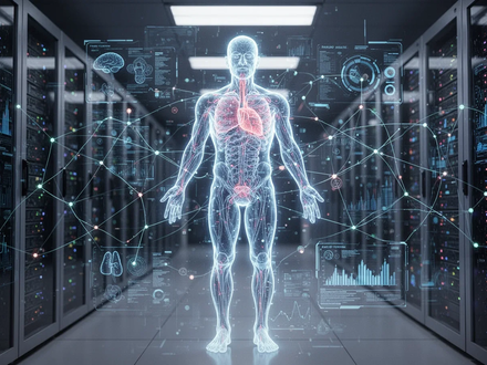A glowing holographic human body with data overlays, representing digital twin technology in healthcare, surrounded by server racks. - Foto: über boerse-global.de