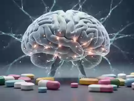 Ein stilisiertes Gehirn mit leuchtenden neuronalen Pfaden neben pharmazeutischen Pillen, symbolisiert die Verbindung zwischen Medikamenten und Gehirngesundheit. - Foto: über boerse-global.de