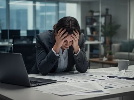 Eine erschöpfte Frau in einem Business-Anzug, die den Kopf in den Händen hält, an einem Schreibtisch mit Laptop und Papieren. - Foto: über boerse-global.de
