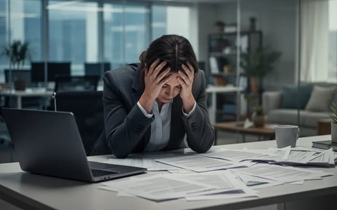 Eine erschöpfte Frau in einem Business-Anzug, die den Kopf in den Händen hält, an einem Schreibtisch mit Laptop und Papieren. - Foto: über boerse-global.de