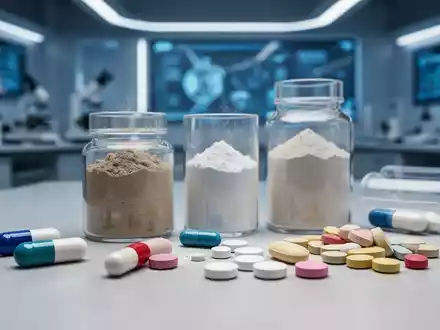 Nahaufnahme von verschiedenen Nahrungsergänzungsmitteln wie Kapseln, Pulvern und Tabletten, präzise angeordnet. - Foto: über boerse-global.de