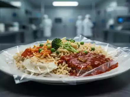 Ein unappetitliches Fertiggericht auf einem Teller, das die Gefahren von hochverarbeiteten Lebensmitteln symbolisiert. - Foto: ĂŒber boerse-global.de