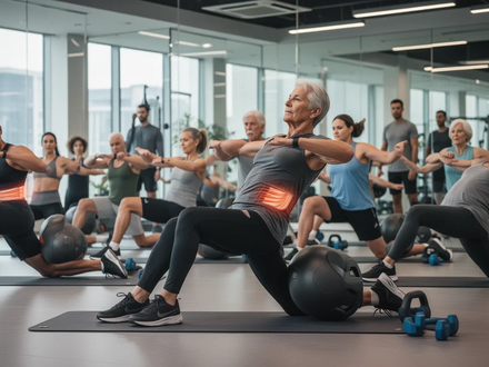 Eine Gruppe von Menschen unterschiedlichen Alters führt in einem modernen Fitnessstudio Rumpfmuskelübungen aus. - Foto: über boerse-global.de