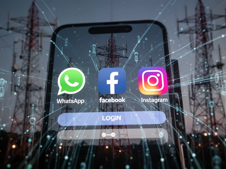 A smartphone screen shows login icons for WhatsApp, Facebook, and Instagram, representing password-free access. Network towers are blurred in the background. - Foto: über boerse-global.de
