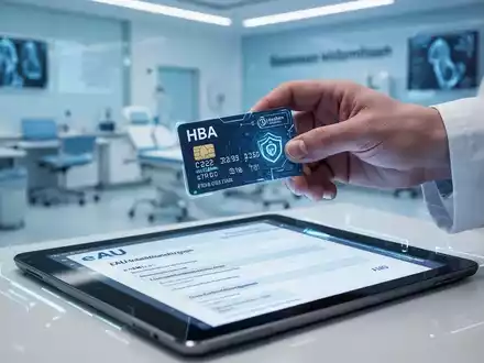 A doctor's hand holds an electronic professional card over a tablet displaying a German eAU form, symbolizing digital healthcare. - Foto: über boerse-global.de