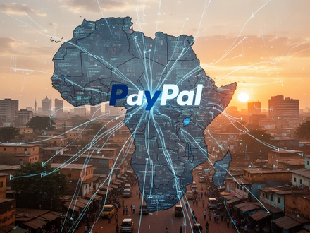 PayPal logo on a map of Africa, with some data lines appearing restricted, set against an African urban landscape. - Foto: über boerse-global.de