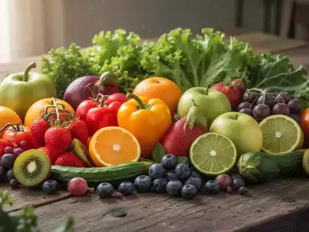 Eine Nahaufnahme einer bunten Auswahl an frischem Obst und Gemüse, kunstvoll auf einem rustikalen Holztisch arrangiert. - Foto: über boerse-global.de