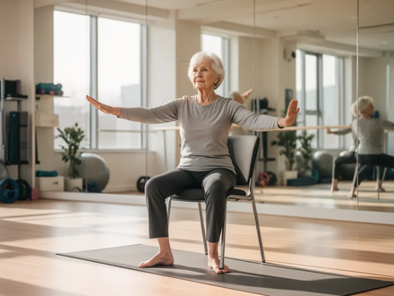 Eine ältere Frau macht Stuhl-Yoga in einem hellen, modernen Fitnessstudio, das von sanftem Tageslicht durchflutet wird. - Foto: über boerse-global.de