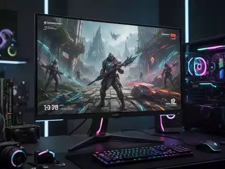 Close-up of a high-resolution gaming monitor displaying a vibrant game, with subtle reflections of a dark, futuristic environment. - Foto: über boerse-global.de
