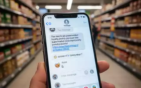 Nahaufnahme eines Smartphones mit einer betrügerischen SMS über Supermarkt-Punkte und einem verdächtigen Link, im Hintergrund ein Supermarkt. - Foto: über boerse-global.de