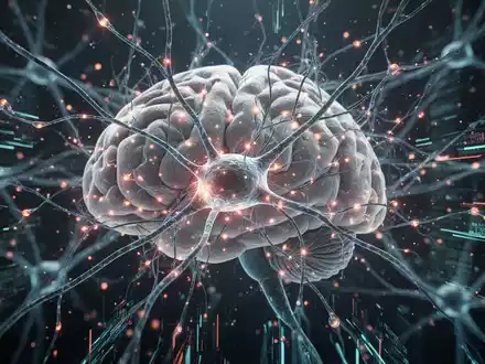 Nahaufnahme von Gehirnsynapsen, die sich mit leuchtenden neuronalen Netzen und abstrakten Datenströmen verbinden. - Foto: über boerse-global.de