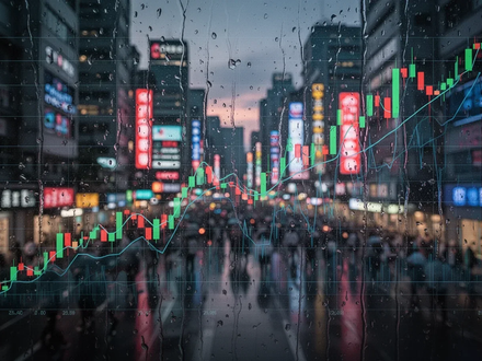 Ein dramatischer, fallender Börsenchart über der verschwommenen Skyline des Finanzviertels von Taipeh bei Dämmerung, Regen auf einem Fenster. - Foto: über boerse-global.de