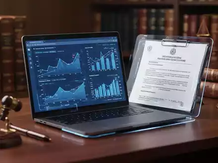 Ein Notariatstisch mit einem Laptop, der Finanzdiagramme und ein digitales Rechtsdokument anzeigt, im Vordergrund, mit verschwommenen Rechtsbüchern im Hintergrund. - Foto: über boerse-global.de