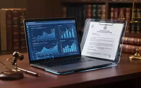Ein Notariatstisch mit einem Laptop, der Finanzdiagramme und ein digitales Rechtsdokument anzeigt, im Vordergrund, mit verschwommenen Rechtsbüchern im Hintergrund. - Foto: über boerse-global.de