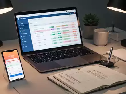 Ein Schreibtisch mit Laptop, Smartphone und Notizbuch, die Zeiterfassungstools und -methoden für Freiberufler darstellen. - Foto: über boerse-global.de