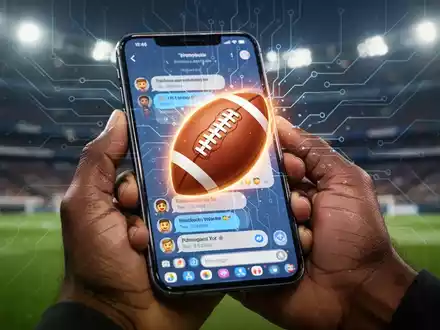 A smartphone screen displaying a WhatsApp chat interface with a glowing football emoji, set against a blurred stadium background. - Foto: über boerse-global.de