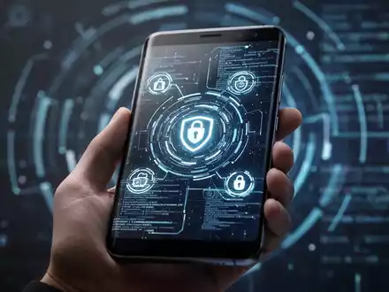 A Samsung Galaxy smartphone displaying a futuristic user interface with glowing security icons, lines of code, and abstract digital patterns. - Foto: über boerse-global.de
