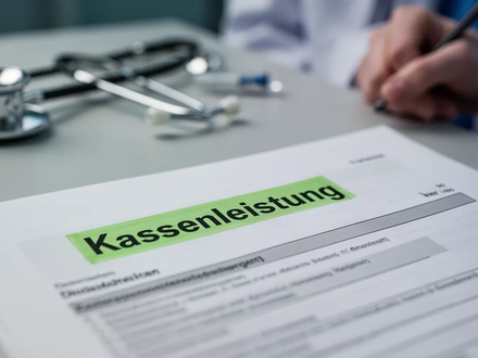 Ein medizinisches Dokument mit dem hervorgehobenen Wort 'Kassenleistung', im Hintergrund unscharf medizinische Instrumente. - Foto: über boerse-global.de