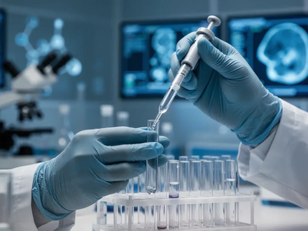 Nahaufnahme von Händen eines Wissenschaftlers, die präzise Flüssigkeit in ein Reagenzglas pipettieren, im Hintergrund unscharfes Labor. - Foto: über boerse-global.de