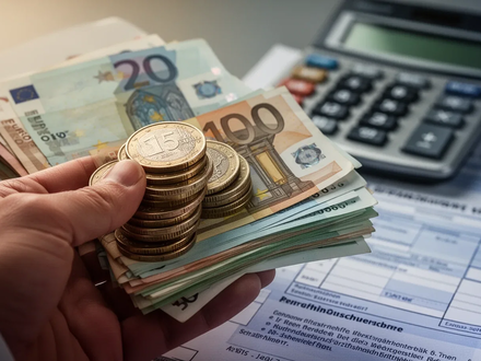 Eine Nahaufnahme einer Hand, die Euro-Münzen und -Scheine hält, mit einem unscharfen Hintergrund aus Taschenrechner und Gehaltsabrechnung. - Foto: über boerse-global.de