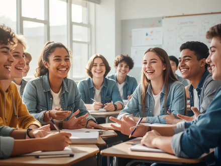 Lachende und engagierte Schüler in einem modernen Klassenzimmer, die eine Diskussion führen, ohne Mobiltelefone zu benutzen. - Foto: über boerse-global.de
