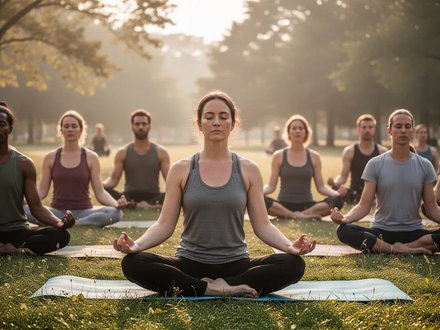 Eine Gruppe von Menschen praktiziert Yoga im Freien, umgeben von Natur, bei Sonnenaufgang, was Ruhe und Gemeinschaft ausstrahlt. - Foto: über boerse-global.de