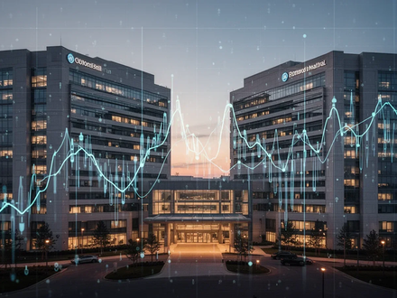 Zwei moderne Krankenhausgebäude bei Sonnenuntergang, verbunden durch einen abstrakten Finanzgraphen, der eine Fusion symbolisiert. - Foto: über boerse-global.de