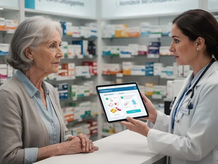 Eine ältere Frau spricht mit einem Apotheker in einer Apotheke, der ein Tablet mit Medikationsdaten zeigt. - Foto: über boerse-global.de