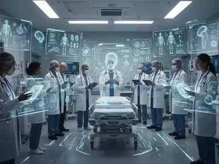 Healthcare professionals interacting with holographic medical data and AI interfaces in a modern, high-tech hospital. - Foto: über boerse-global.de