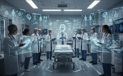 Healthcare professionals interacting with holographic medical data and AI interfaces in a modern, high-tech hospital. - Foto: über boerse-global.de