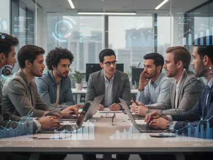Eine vielfältige Gruppe von Mitarbeitern diskutiert in einem modernen Büro, überlagert mit subtilen digitalen Datenvisualisierungen. - Foto: über boerse-global.de