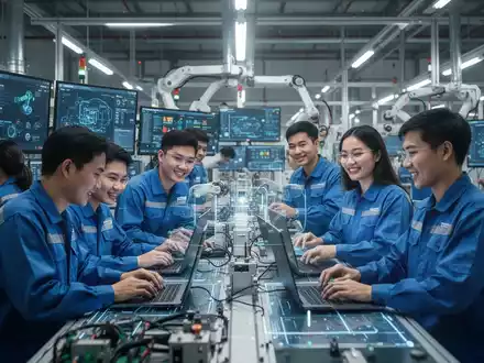 Vietnamesische Fabrikarbeiter nutzen moderne digitale Tools in einer Hightech-Fertigungsanlage, symbolisierend Produktivität und Innovation. - Foto: über boerse-global.de