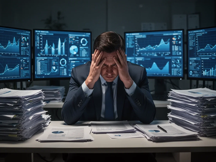 Eine Person sitzt in einem dunklen Büro mit dem Kopf in den Händen, umgeben von Papieren und Bildschirmen mit Diagrammen. - Foto: über boerse-global.de