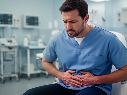 Ein Mann sitzt nachdenklich da und hält sich den Unterbauch. Im Hintergrund ist eine verschwommene medizinische Umgebung zu sehen. - Foto: über boerse-global.de