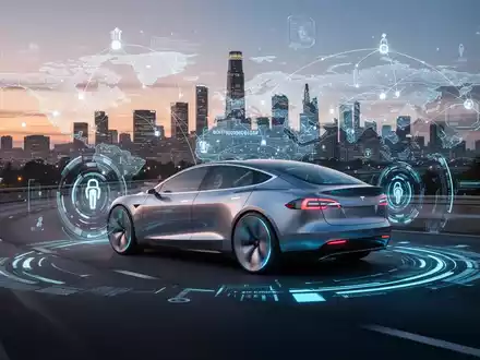 A Tesla car driving autonomously on a highway with a digital interface showing its FSD capabilities, set against a city skyline. - Foto: ĂŒber boerse-global.de