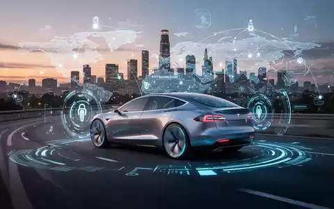 A Tesla car driving autonomously on a highway with a digital interface showing its FSD capabilities, set against a city skyline. - Foto: über boerse-global.de