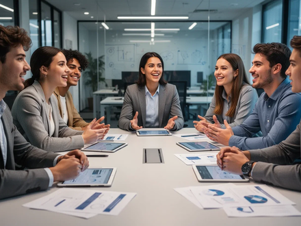 Junge Auszubildende und Jugendvertreter sitzen an einem modernen Konferenztisch, diskutieren und arbeiten zusammen. - Foto: über boerse-global.de