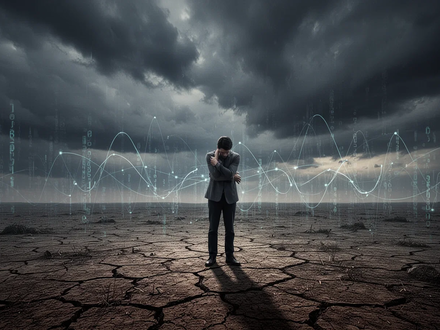 Eine einsame Person steht auf rissigem Boden unter stürmischem Himmel, der Umweltkrisen und psychischen Stress symbolisiert. - Foto: über boerse-global.de