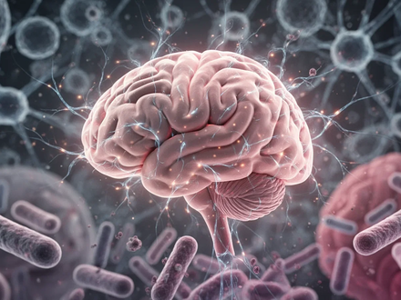 Abstrakte Darstellung eines Gehirns mit leuchtenden Neuronen, überlagert mit mikroskopischen Darmbakterien, symbolisiert die Forschung zu Autismus. - Foto: über boerse-global.de