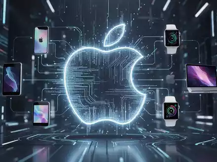 A stylized Apple logo made of glowing digital lines, surrounded by interconnected icons for iPhone, iPad, Apple Watch, and Mac. - Foto: über boerse-global.de
